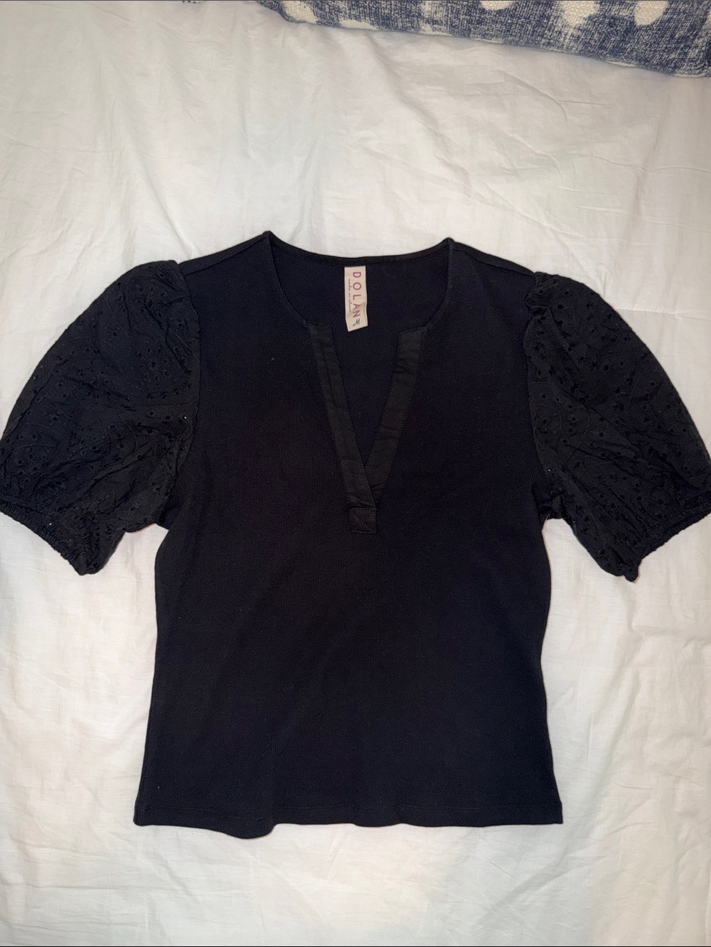 Anthropologie Dolan Black Eyelet Puff Sleeve V-Notch Knit Top